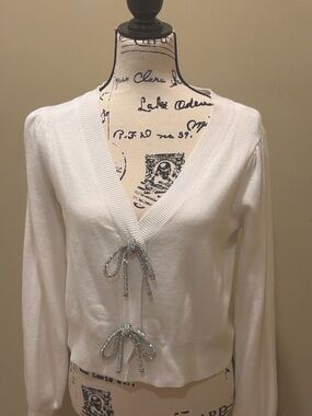 Belldini White Cardigan Rhinestone Bow Tie Front Lightweight Knit Size M